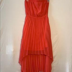 Coral strapless high to low chiffon dress